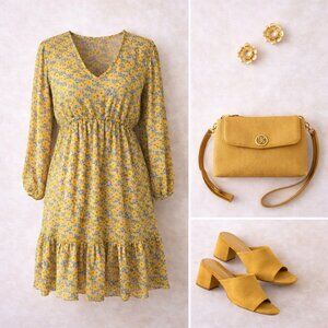 💚 Yellow Floral Long Sleeve Ruffle Hem Mini Dress Size M